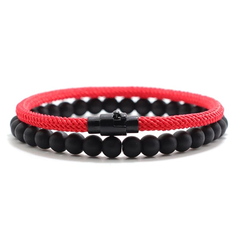 Pulseira Masculina De Pedras Naturais 2Pcs Vermelha / 16.5Cm 000262