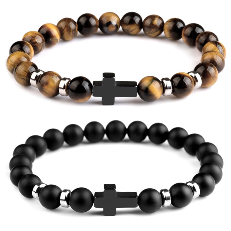 Pulseira Masculina De Pedras Naturais Com Cruz