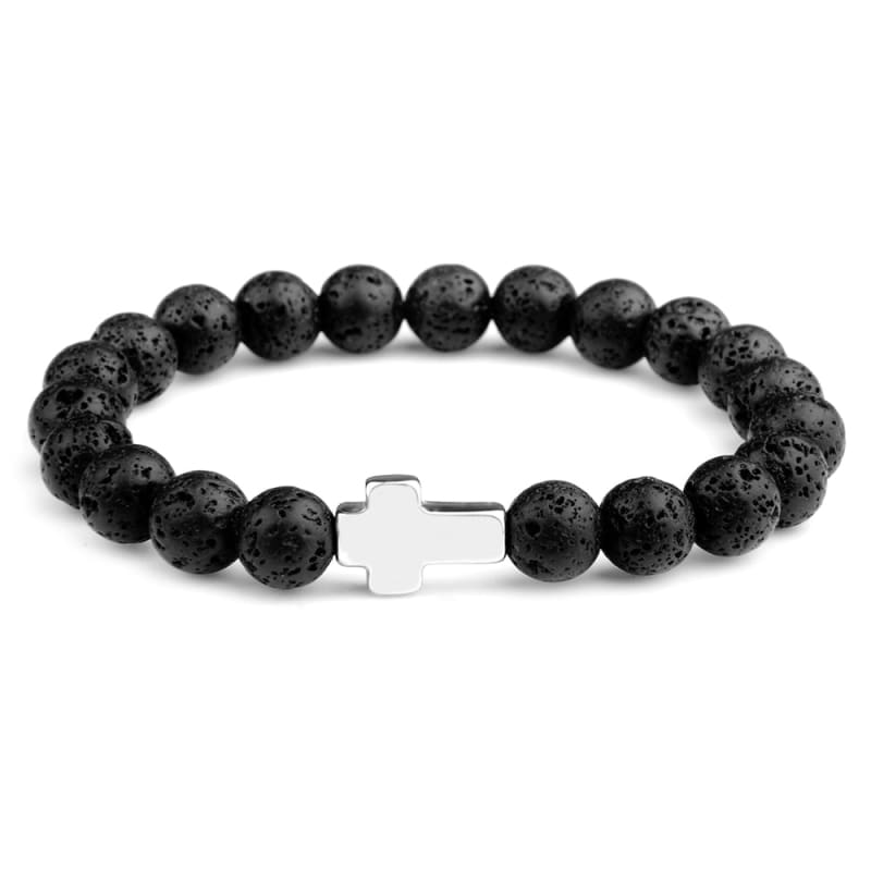 Pulseira Masculina De Pedras Naturais Com Cruz Modelo 01 / 19Cm