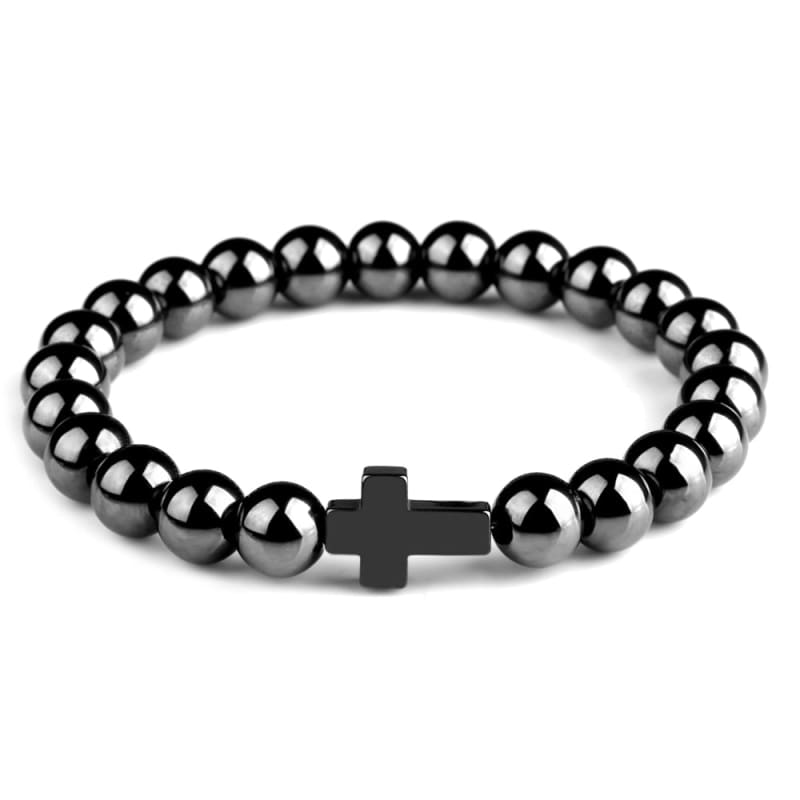 Pulseira Masculina De Pedras Naturais Com Cruz Modelo 03 / 19Cm