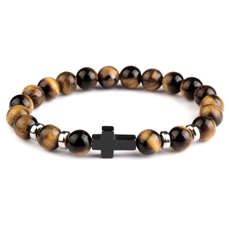 Pulseira Masculina De Pedras Naturais Com Cruz Modelo 07 / 19Cm