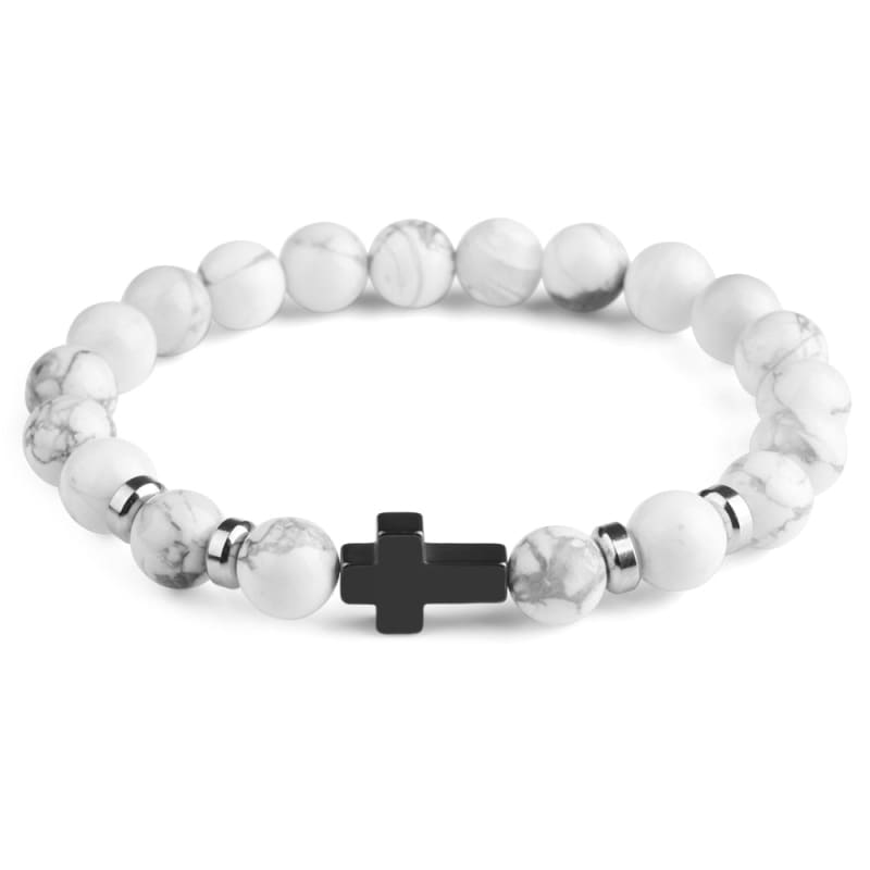 Pulseira Masculina De Pedras Naturais Com Cruz Modelo 09 / 19Cm