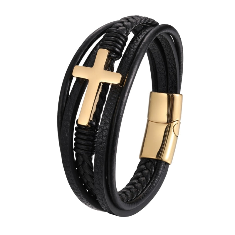 Pulseira Masculina De Couro Cruz Dourada / 18.5Cm 000113