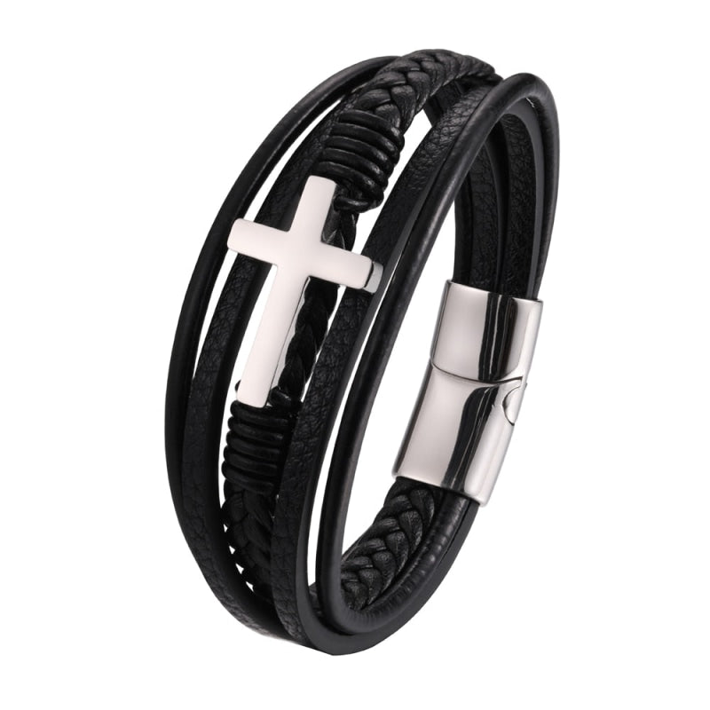 Pulseira Masculina De Couro Cruz Prata / 18.5Cm 000113