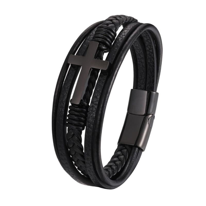 Pulseira Masculina De Couro Cruz Preta / 18.5Cm 000113